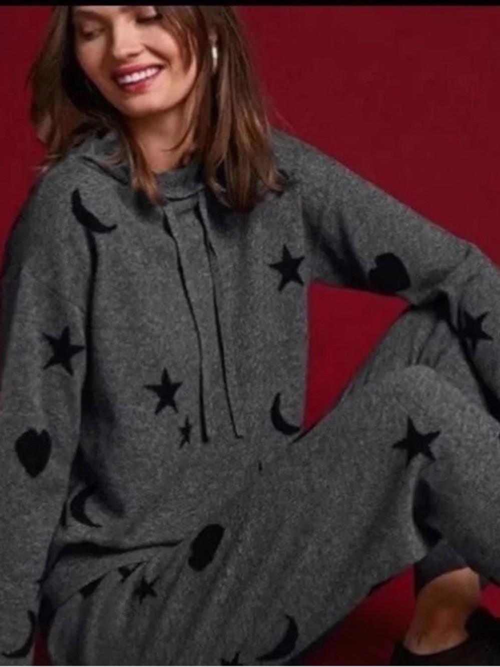 Johnny Was Cashmere 100% Gray Hooded Knit Sweater Heart Black Star & Moon Motifs